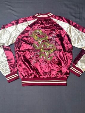 Red Fox Maroon Satin Dragon Embroidered Sukajan Jacket